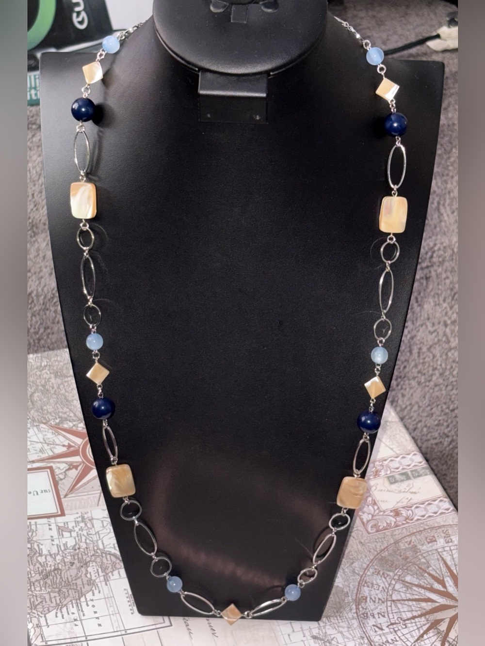 Talbots Long Beaded Necklace | Blue & Neutral Silver Tone Statement Necklace